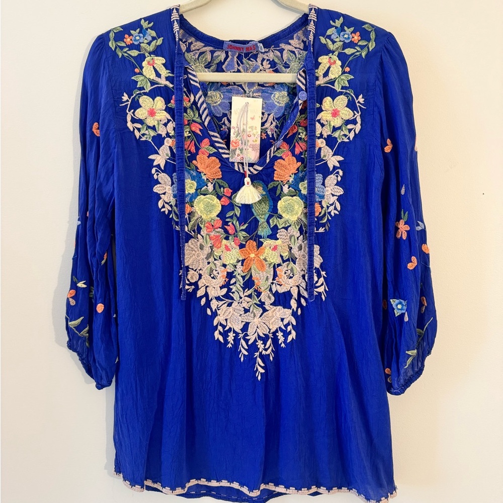 Johnny Was Cream and Blue Embellished Blouse